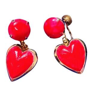 Vintage Red Drop Hearts Dangling Heart Earrings Gold Wrapped Clip On Screw Clasp